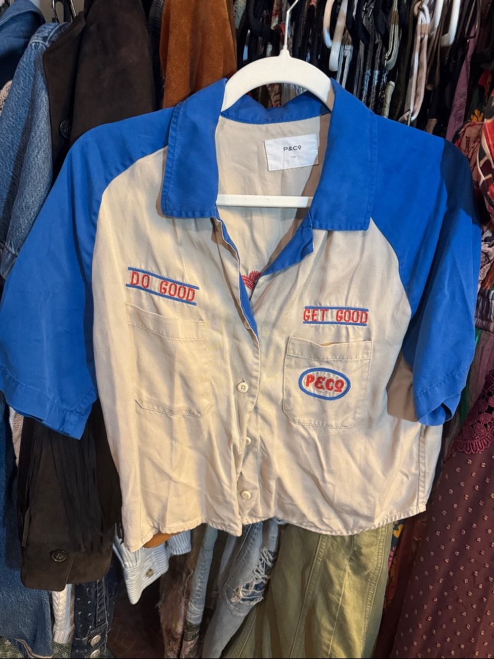 Kids Short Sleeve Button-Down Shirt in Cream and Royal Blue